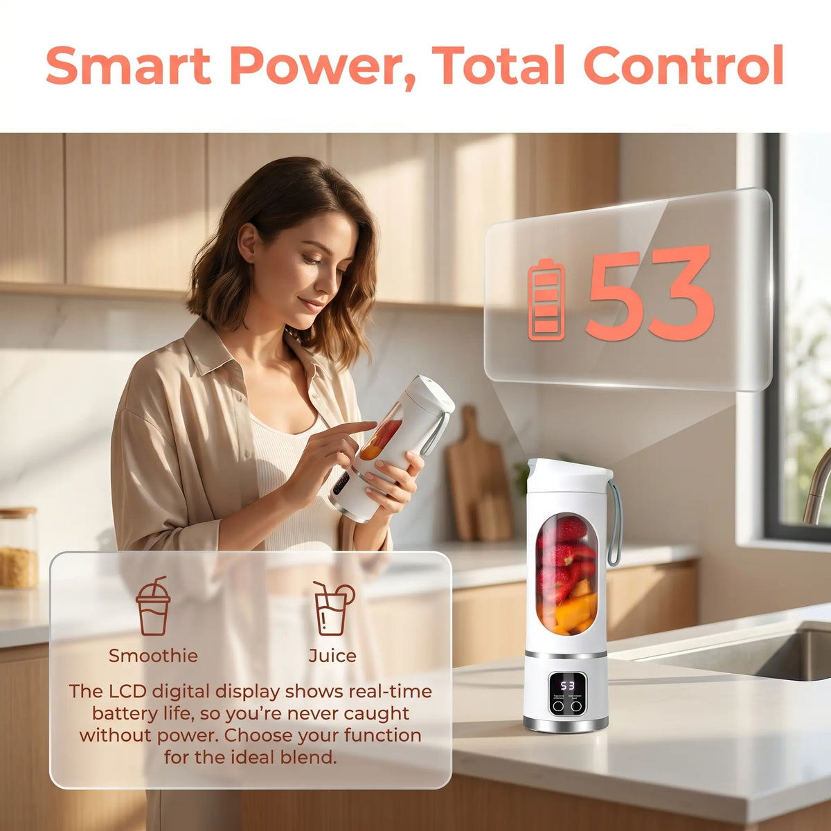 [Dealsforyoudays] Portable 15.22 Oz USB Rechargeable Personal Blender with LED Display, Durable Abs Material, Perfect for Smoothies & Juices, Home Kitchen Essential
