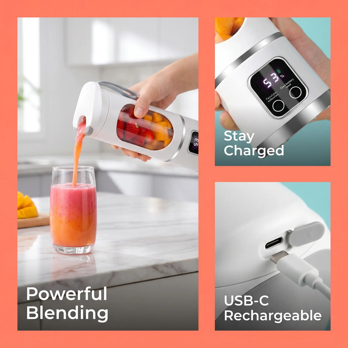 [Dealsforyoudays] Portable 15.22 Oz USB Rechargeable Personal Blender with LED Display, Durable Abs Material, Perfect for Smoothies & Juices, Home Kitchen Essential