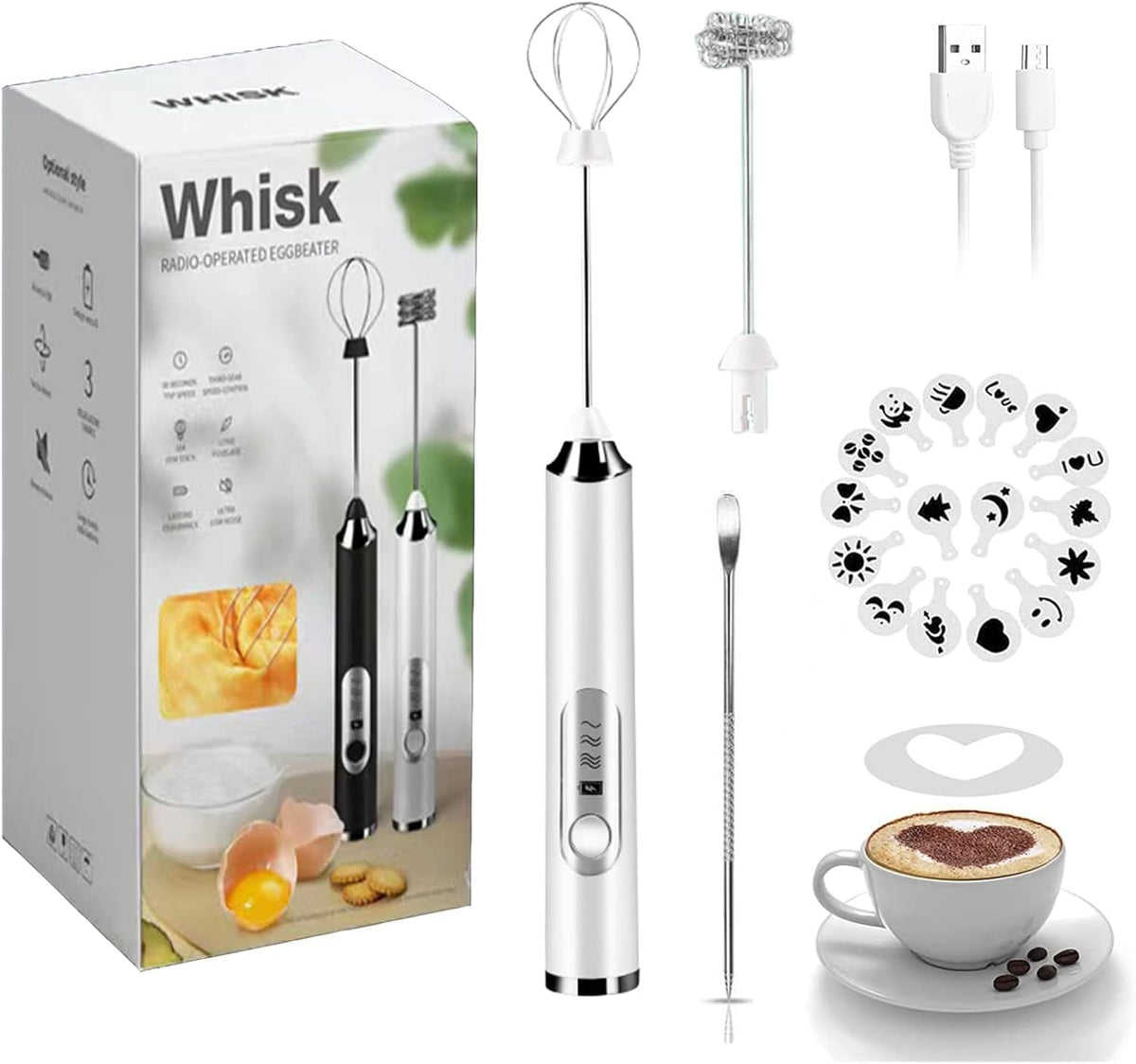 Rechargeable Milk Frother - 3-Speed Electric Handheld Coffee Mixer with 2 Whisks and Decoration Tool, Stand-Up Design for Latte, Cappuccino, Cream (White)