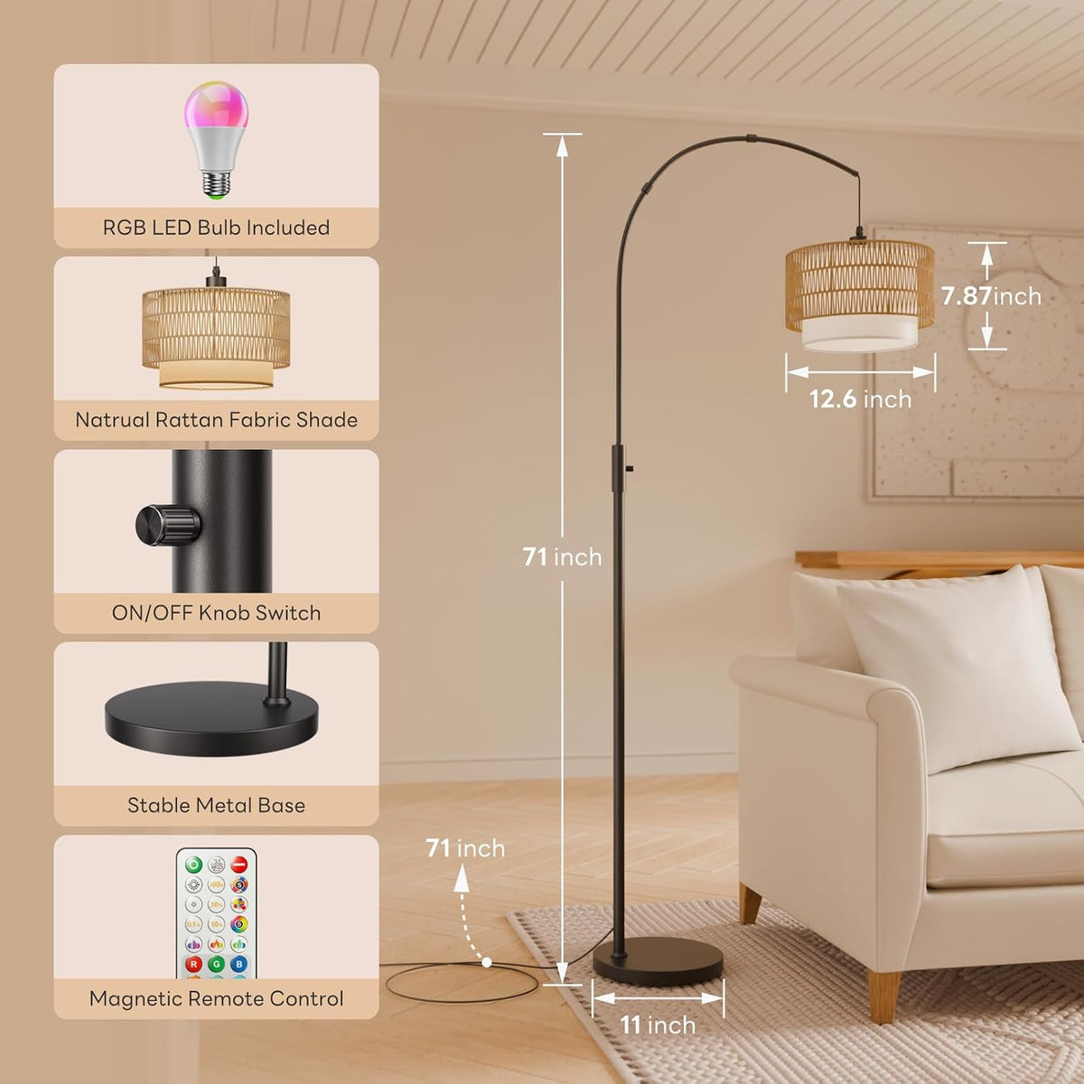 Boho Rattan Arc Floor Lamp, 71" RGB Color Changing LED Standing Lamp with Magnetic Remote, 3-In-1 Double Layer Shade, 1600K Amber Light & 4000K Daylight, 10W 1200Lm 0.1%-100% Dimmable