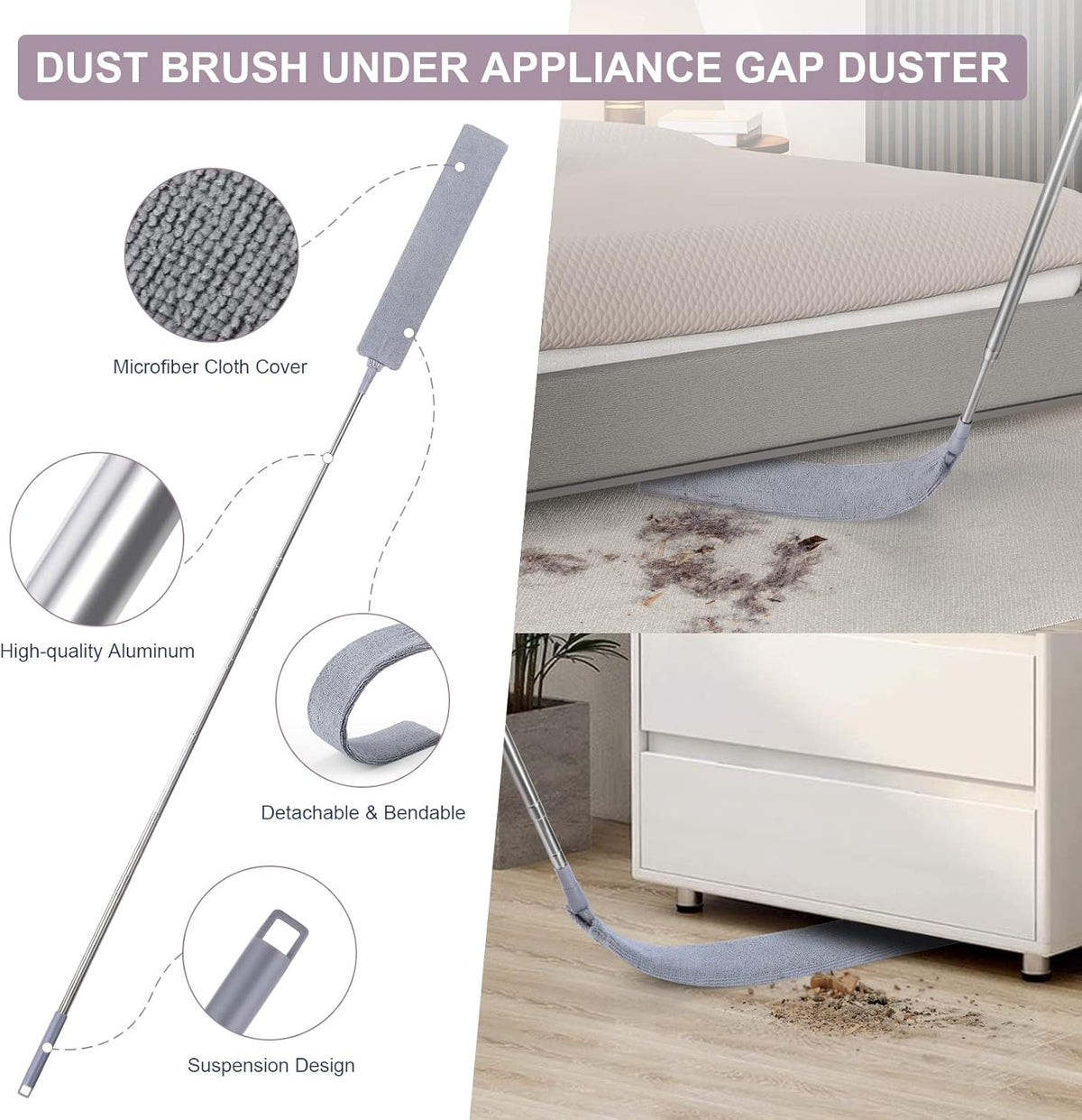 Retractable Gap Dust Cleaner with 3 Microfiber Dusting Cloths & 30-100 Inch Extendable Long Handle, Retractable Duster Brush for Cleaning under Appliances Sofa Couch Bed Refrigerator Furniture