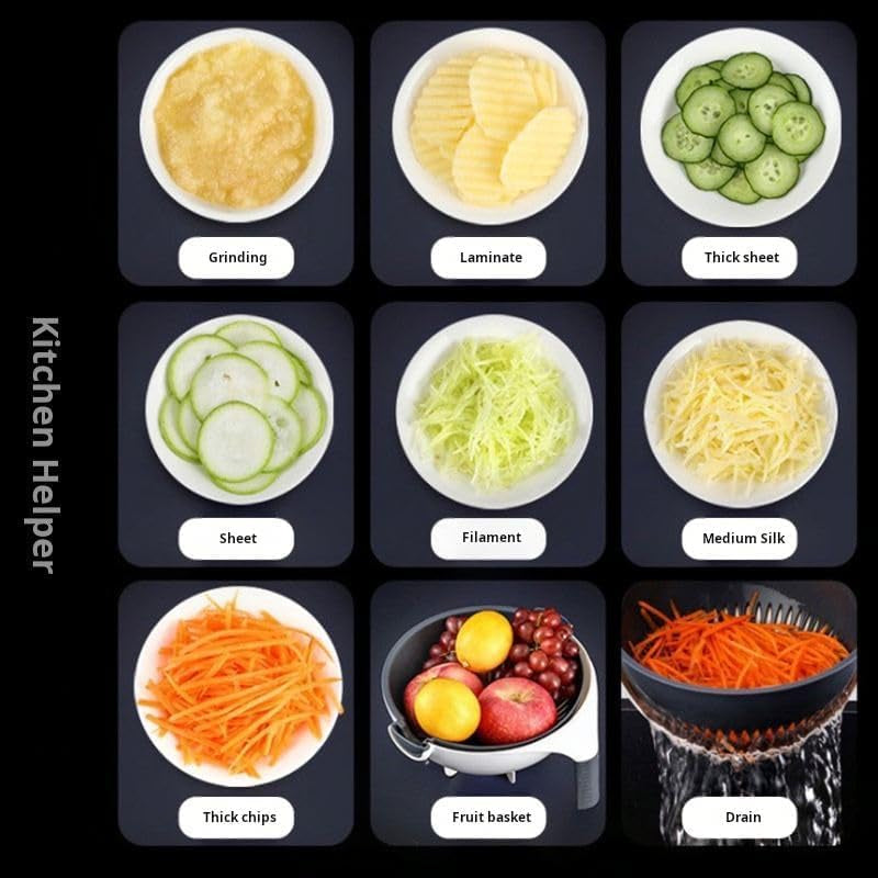 Multifunctional Kitchen Veggie Fruit Shredder Grater Slicer Rotate 9 Item Vegetable Fruits Cutter Vegetable Chopper with Drain Basket Slicer Fruit Cutter