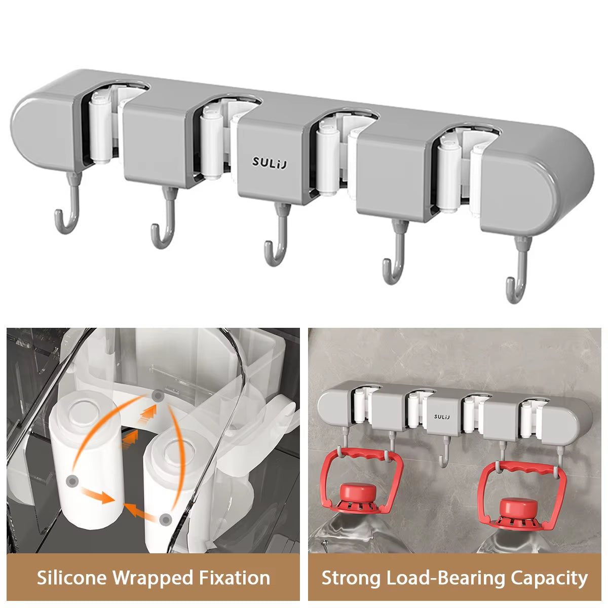 Broom Mop Holder with Hooks Wall Mounted Broom Storage Rack No Drilling Self-Adhesive Mop Broom Organizer for Bathroom