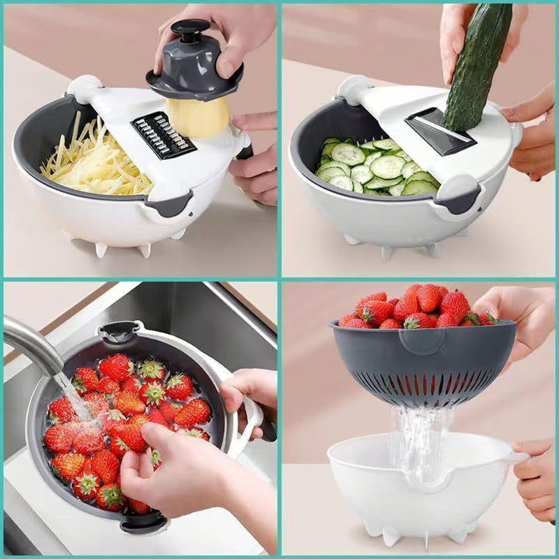 Multifunctional Kitchen Veggie Fruit Shredder Grater Slicer Rotate 9 Item Vegetable Fruits Cutter Vegetable Chopper with Drain Basket Slicer Fruit Cutter