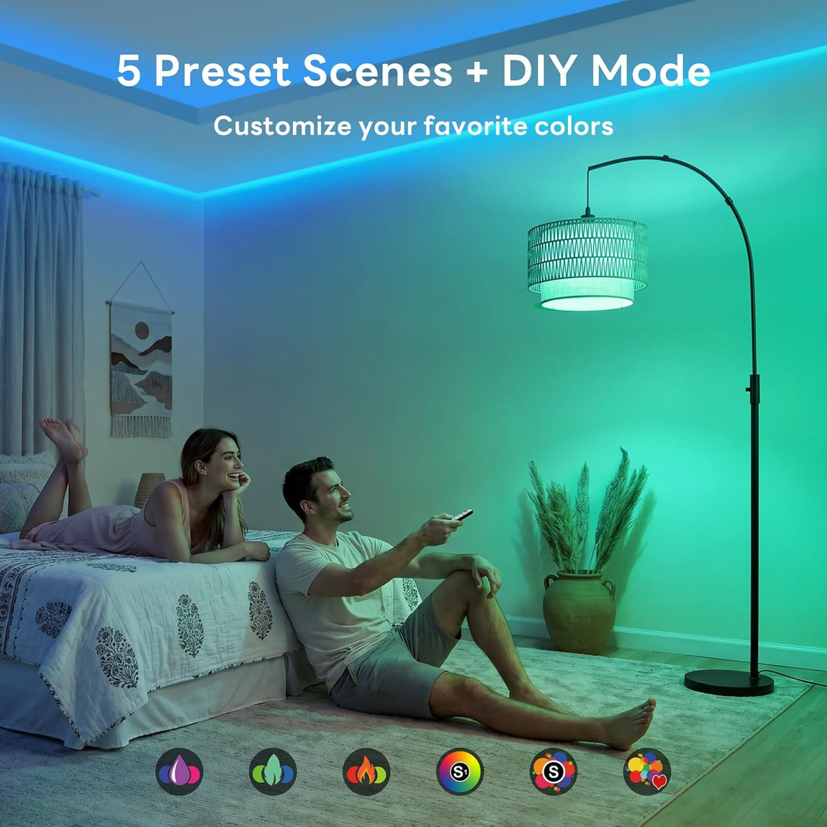 Boho Rattan Arc Floor Lamp, 71" RGB Color Changing LED Standing Lamp with Magnetic Remote, 3-In-1 Double Layer Shade, 1600K Amber Light & 4000K Daylight, 10W 1200Lm 0.1%-100% Dimmable