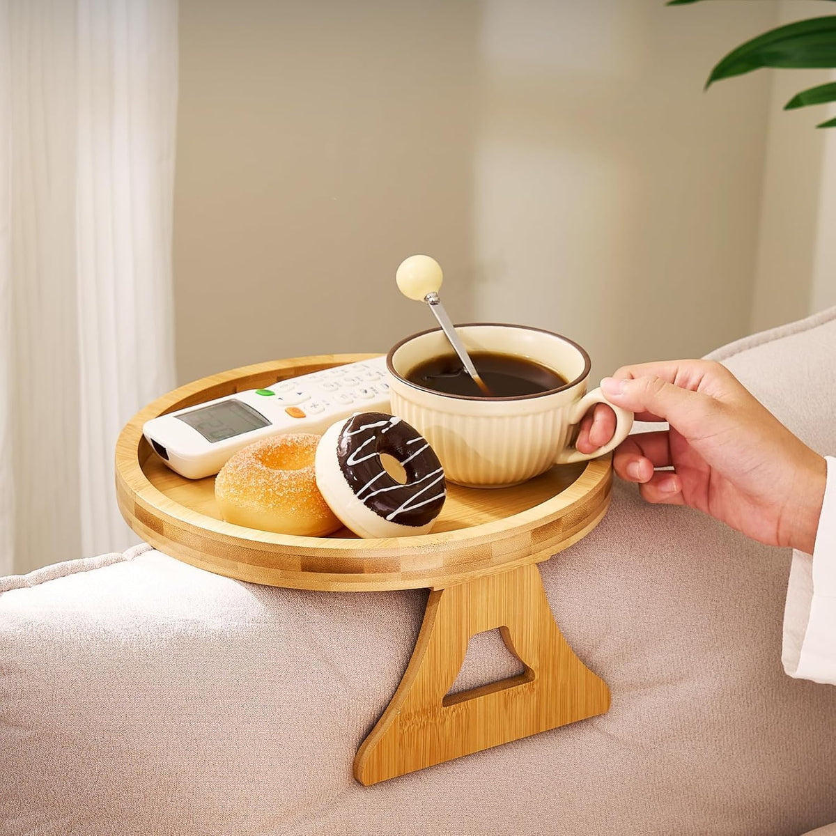 Sofa Arm Tray,Foldable Sofa Armrest Clip-On Tray Suitble for 4"-9" Armrest,Circle Sofa Arm Table for Snacks/Drinks/Fruit/Dessert/Rmote (9.49X8.86X3.54 Inch)