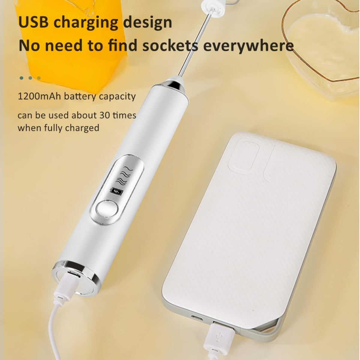 Rechargeable Milk Frother - 3-Speed Electric Handheld Coffee Mixer with 2 Whisks and Decoration Tool, Stand-Up Design for Latte, Cappuccino, Cream (White)