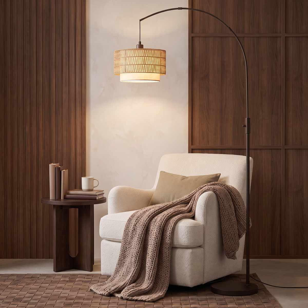 Boho Rattan Arc Floor Lamp, 71" RGB Color Changing LED Standing Lamp with Magnetic Remote, 3-In-1 Double Layer Shade, 1600K Amber Light & 4000K Daylight, 10W 1200Lm 0.1%-100% Dimmable