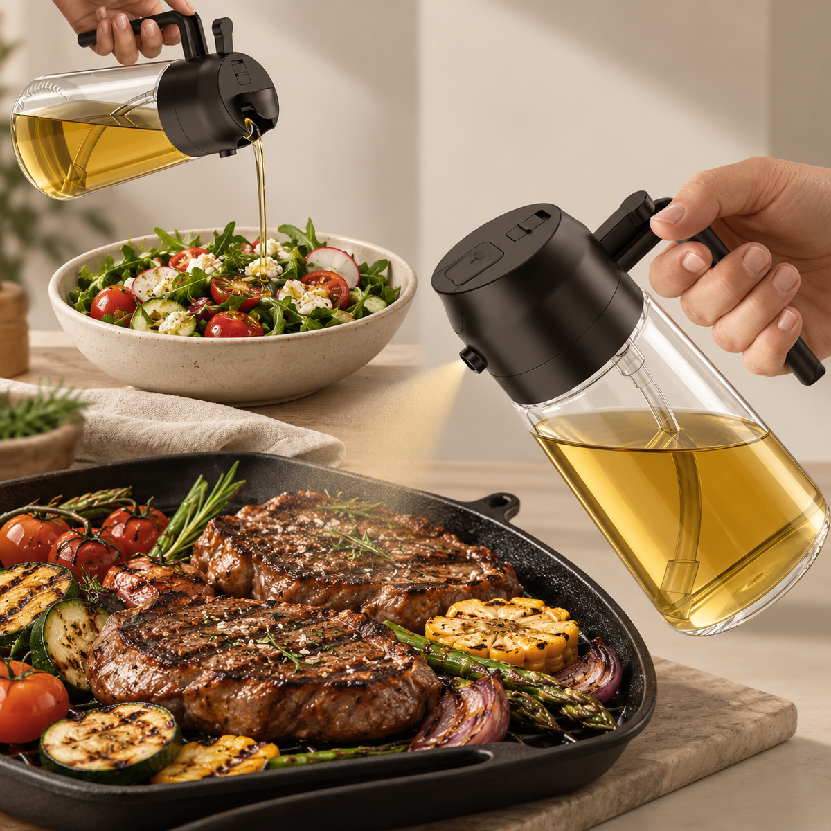 Oil Sprayer for Cooking,2 in 1 Olive Oil Dispenser Bottle for Kitchen,16Oz/470Ml Spray & Pour Oil Dispenser Bottle,Glass Olive Oil Spritzer,Food-Grade Oil Mister for Air Fryer,Salad,Frying,Bbq (Black)