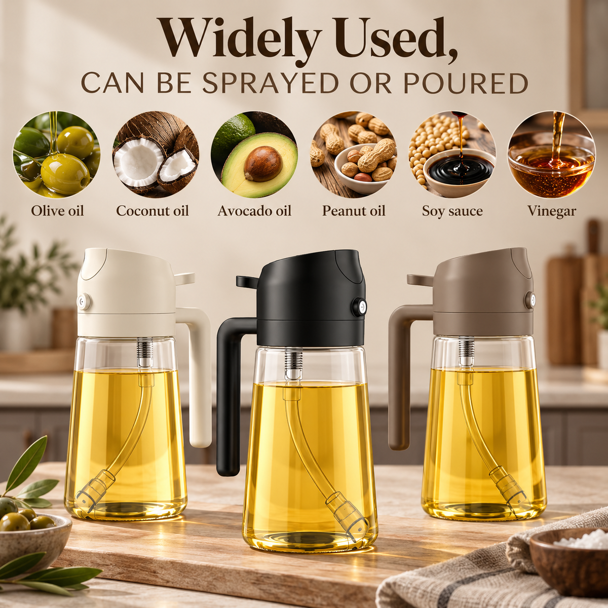 Oil Sprayer for Cooking,2 in 1 Olive Oil Dispenser Bottle for Kitchen,16Oz/470Ml Spray & Pour Oil Dispenser Bottle,Glass Olive Oil Spritzer,Food-Grade Oil Mister for Air Fryer,Salad,Frying,Bbq (Black)