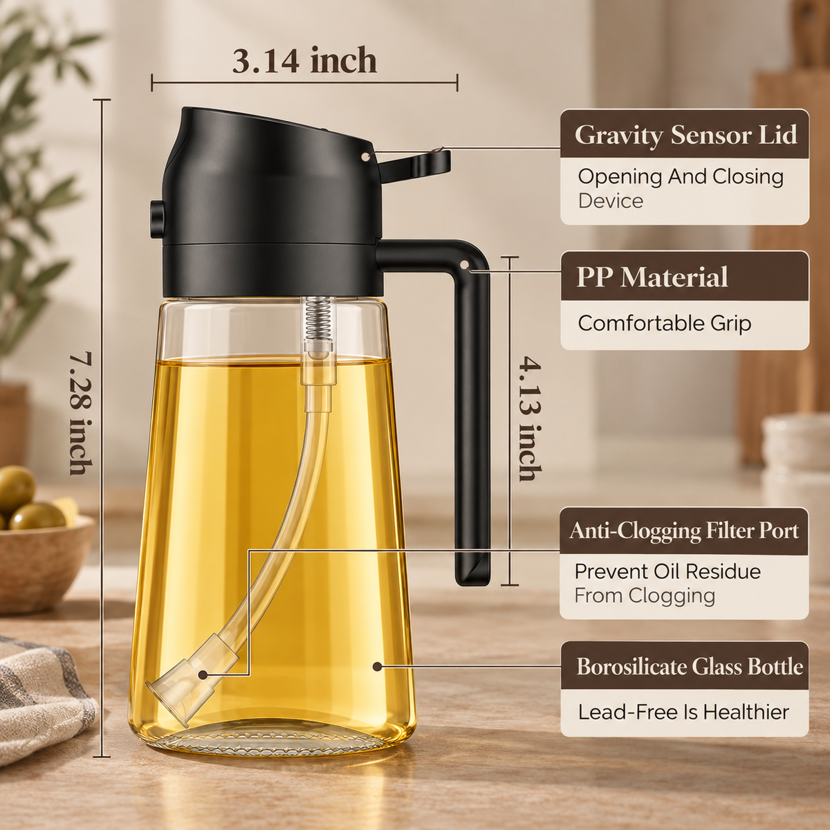 Oil Sprayer for Cooking,2 in 1 Olive Oil Dispenser Bottle for Kitchen,16Oz/470Ml Spray & Pour Oil Dispenser Bottle,Glass Olive Oil Spritzer,Food-Grade Oil Mister for Air Fryer,Salad,Frying,Bbq (Black)
