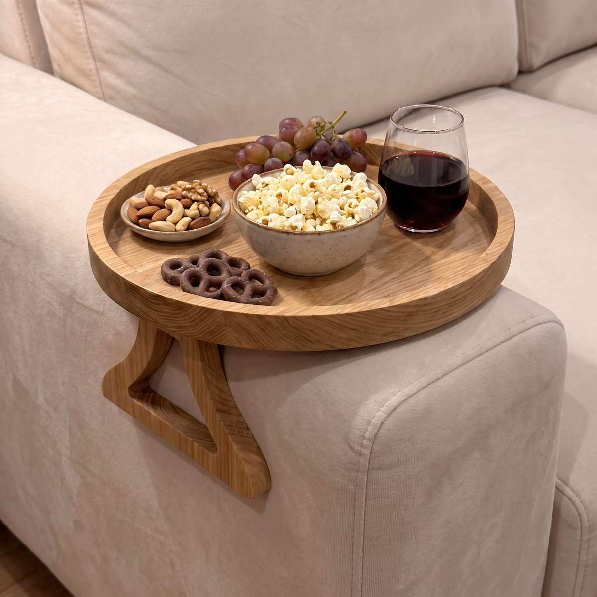 Sofa Arm Tray,Foldable Sofa Armrest Clip-On Tray Suitble for 4"-9" Armrest,Circle Sofa Arm Table for Snacks/Drinks/Fruit/Dessert/Rmote (9.49X8.86X3.54 Inch)