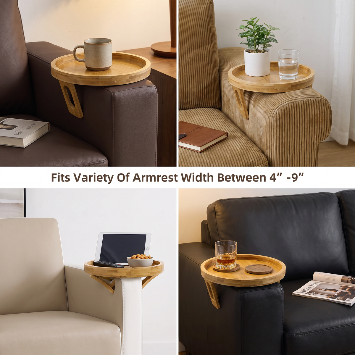 Sofa Arm Tray,Foldable Sofa Armrest Clip-On Tray Suitble for 4"-9" Armrest,Circle Sofa Arm Table for Snacks/Drinks/Fruit/Dessert/Rmote (9.49X8.86X3.54 Inch)