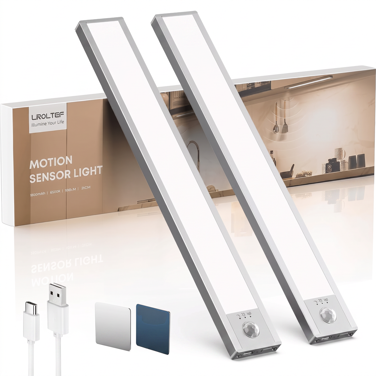 under Cabinet Lighting Wireless, 2 Pack 8.3 Inch 1500Mah 6500K Dimmable Motion Sensor Light Indoor, Rechargeable LED under Counter Lights for Kitchen, Shelf, Stairs, Closet