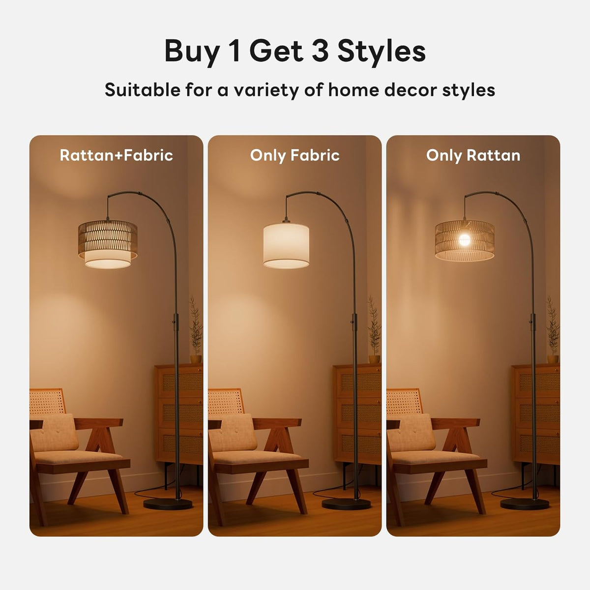 Boho Rattan Arc Floor Lamp, 71" RGB Color Changing LED Standing Lamp with Magnetic Remote, 3-In-1 Double Layer Shade, 1600K Amber Light & 4000K Daylight, 10W 1200Lm 0.1%-100% Dimmable