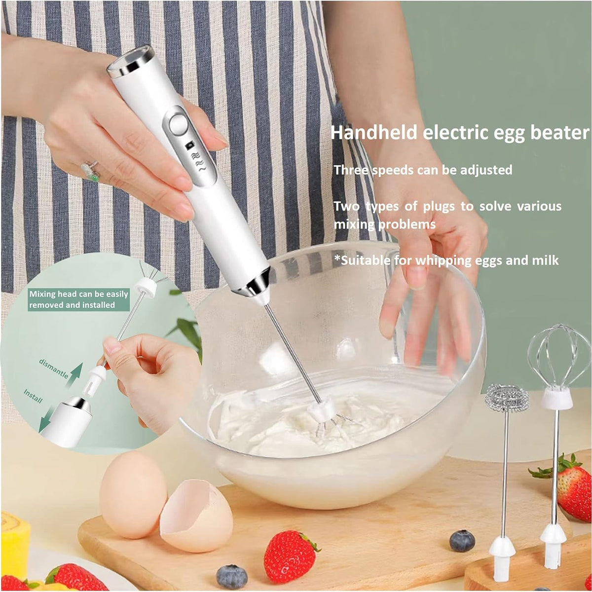Rechargeable Milk Frother - 3-Speed Electric Handheld Coffee Mixer with 2 Whisks and Decoration Tool, Stand-Up Design for Latte, Cappuccino, Cream (White)