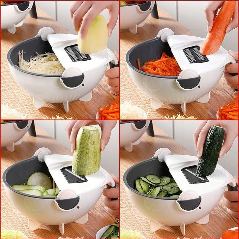 Multifunctional Kitchen Veggie Fruit Shredder Grater Slicer Rotate 9 Item Vegetable Fruits Cutter Vegetable Chopper with Drain Basket Slicer Fruit Cutter