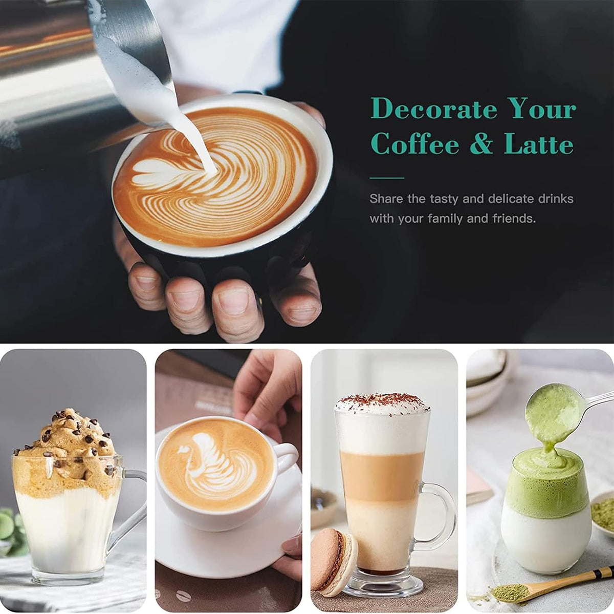 Rechargeable Milk Frother - 3-Speed Electric Handheld Coffee Mixer with 2 Whisks and Decoration Tool, Stand-Up Design for Latte, Cappuccino, Cream (White)