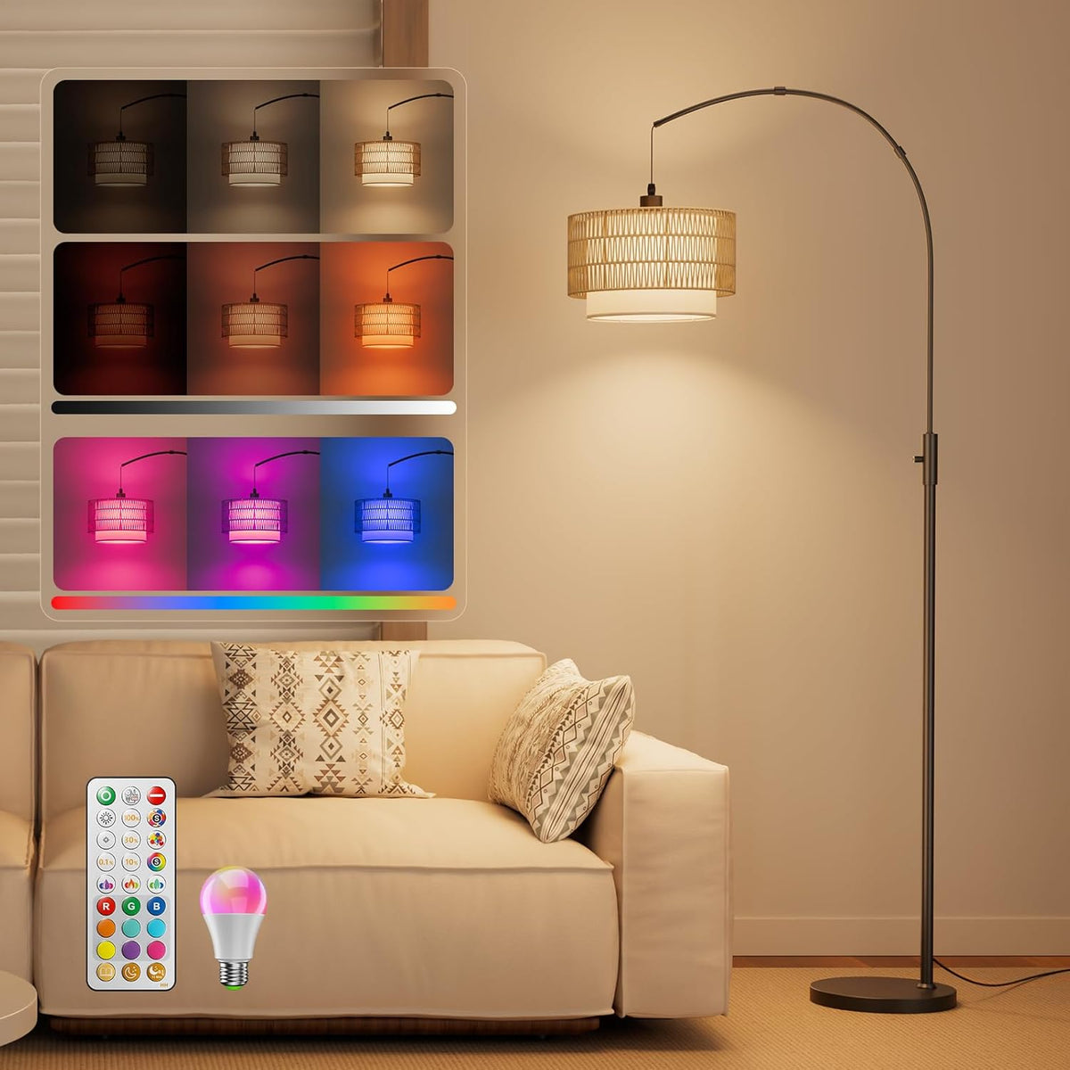 Boho Rattan Arc Floor Lamp, 71" RGB Color Changing LED Standing Lamp with Magnetic Remote, 3-In-1 Double Layer Shade, 1600K Amber Light & 4000K Daylight, 10W 1200Lm 0.1%-100% Dimmable