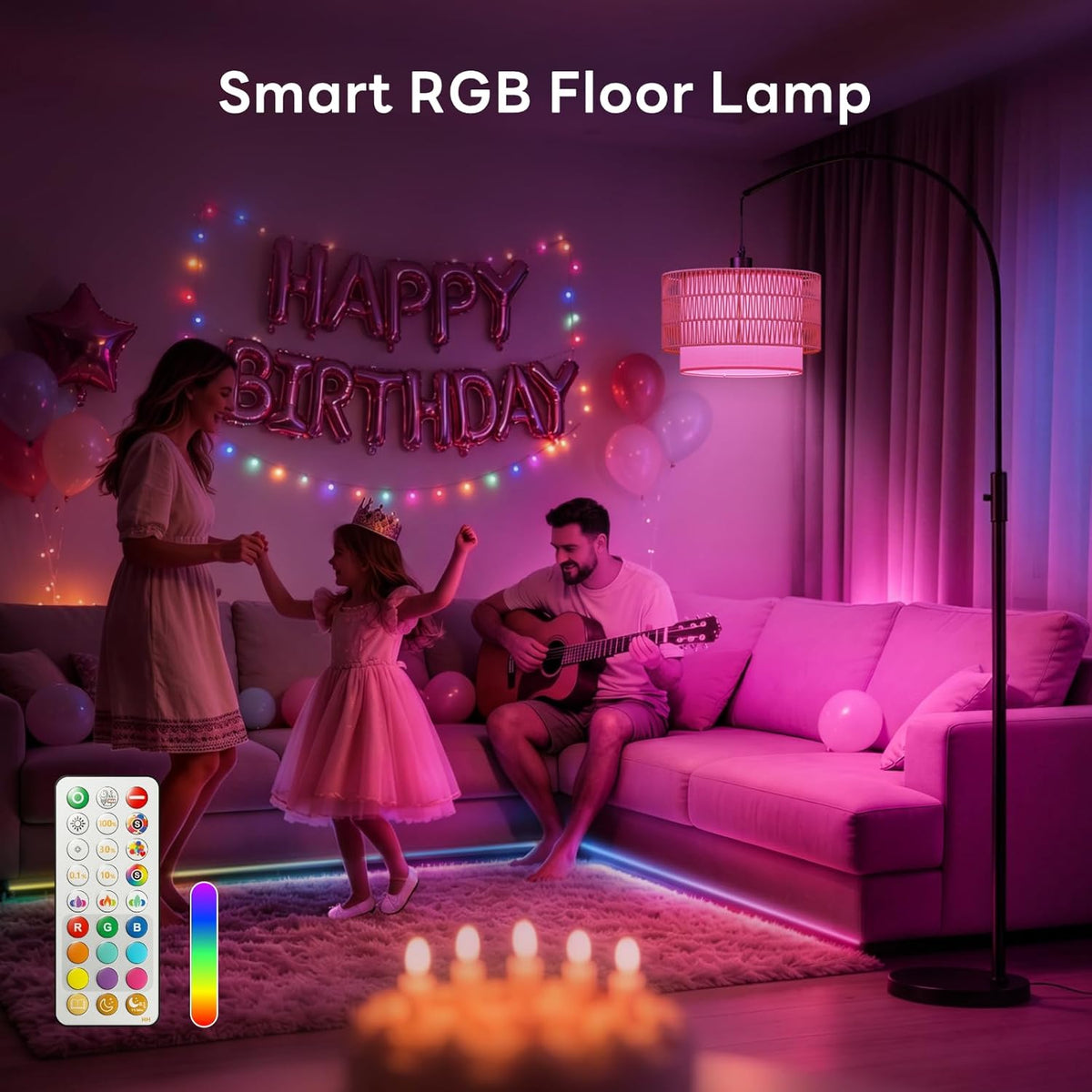 Boho Rattan Arc Floor Lamp, 71" RGB Color Changing LED Standing Lamp with Magnetic Remote, 3-In-1 Double Layer Shade, 1600K Amber Light & 4000K Daylight, 10W 1200Lm 0.1%-100% Dimmable
