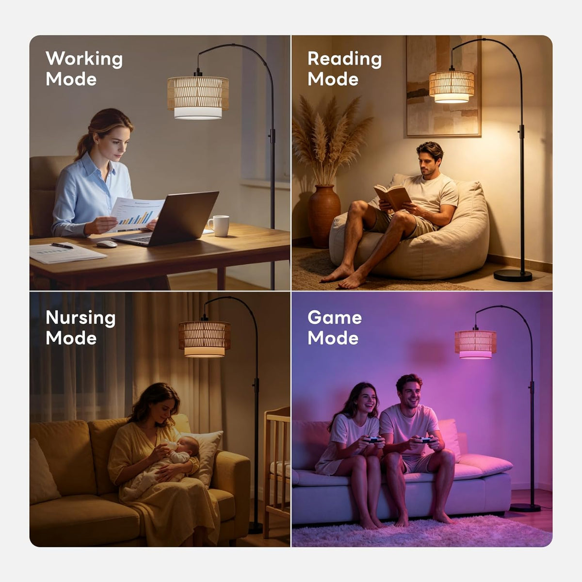 Boho Rattan Arc Floor Lamp, 71" RGB Color Changing LED Standing Lamp with Magnetic Remote, 3-In-1 Double Layer Shade, 1600K Amber Light & 4000K Daylight, 10W 1200Lm 0.1%-100% Dimmable
