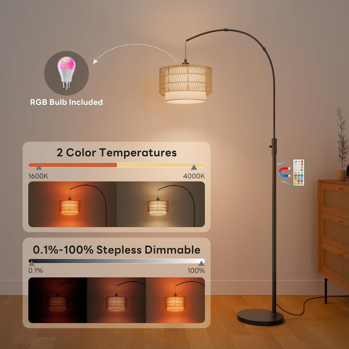 Boho Rattan Arc Floor Lamp, 71" RGB Color Changing LED Standing Lamp with Magnetic Remote, 3-In-1 Double Layer Shade, 1600K Amber Light & 4000K Daylight, 10W 1200Lm 0.1%-100% Dimmable